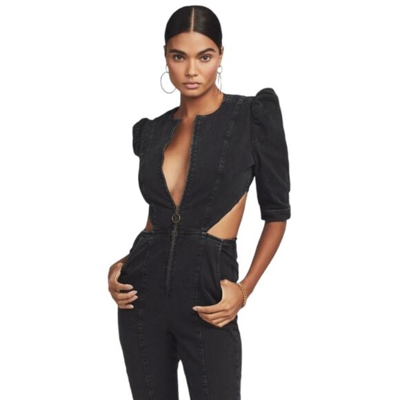 RETROFETE black denim puff sleeve Kiara utility jumpsuit XS - Picture 3 of 12